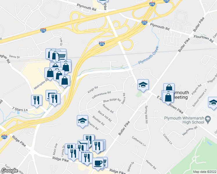 map of restaurants, bars, coffee shops, grocery stores, and more near 107 Kings Rd in Plymouth Meeting