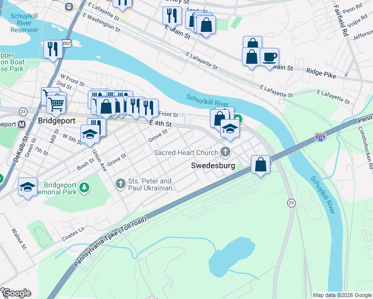 map of restaurants, bars, coffee shops, grocery stores, and more near 327 Coates Street in Bridgeport