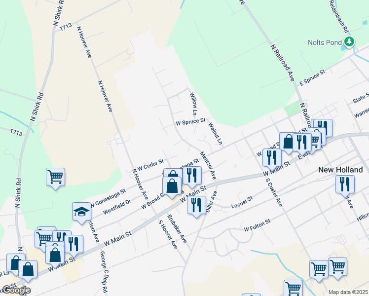 map of restaurants, bars, coffee shops, grocery stores, and more near 321 Hemlock Lane in New Holland