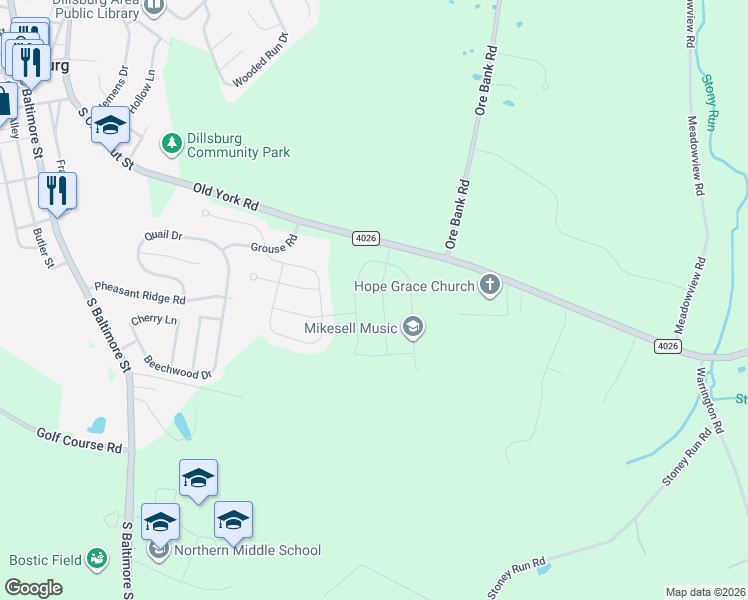 map of restaurants, bars, coffee shops, grocery stores, and more near 314 Normandy Lane in Dillsburg