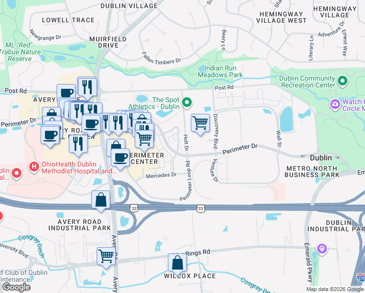 map of restaurants, bars, coffee shops, grocery stores, and more near 6033 Perimeter Drive in Dublin
