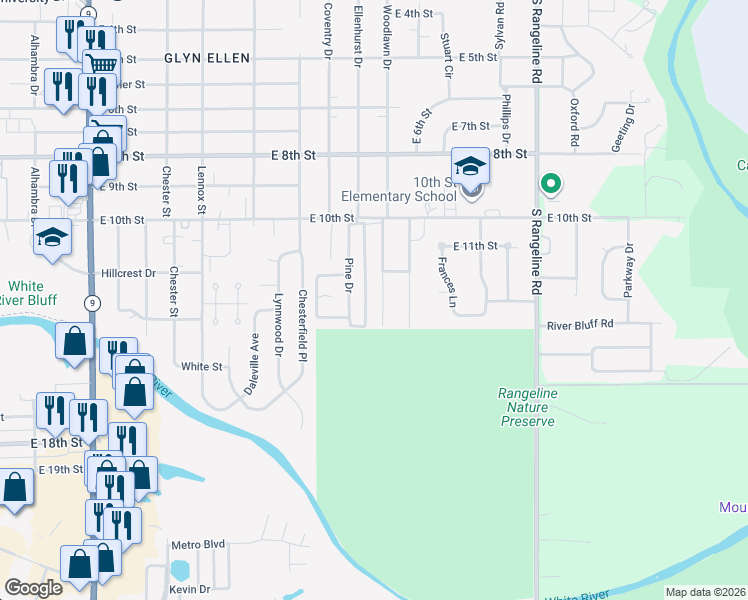 map of restaurants, bars, coffee shops, grocery stores, and more near 2904 Pin Oak Drive in Anderson