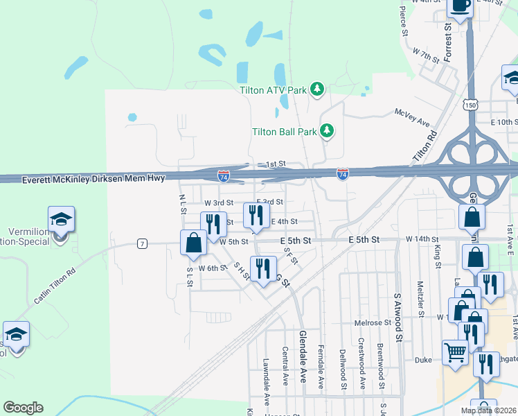 map of restaurants, bars, coffee shops, grocery stores, and more near 100-198 W 4th St in Tilton
