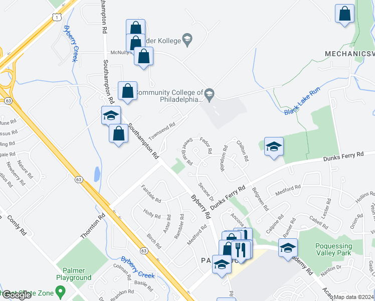 map of restaurants, bars, coffee shops, grocery stores, and more near 12437 Sweet Briar Road in Philadelphia