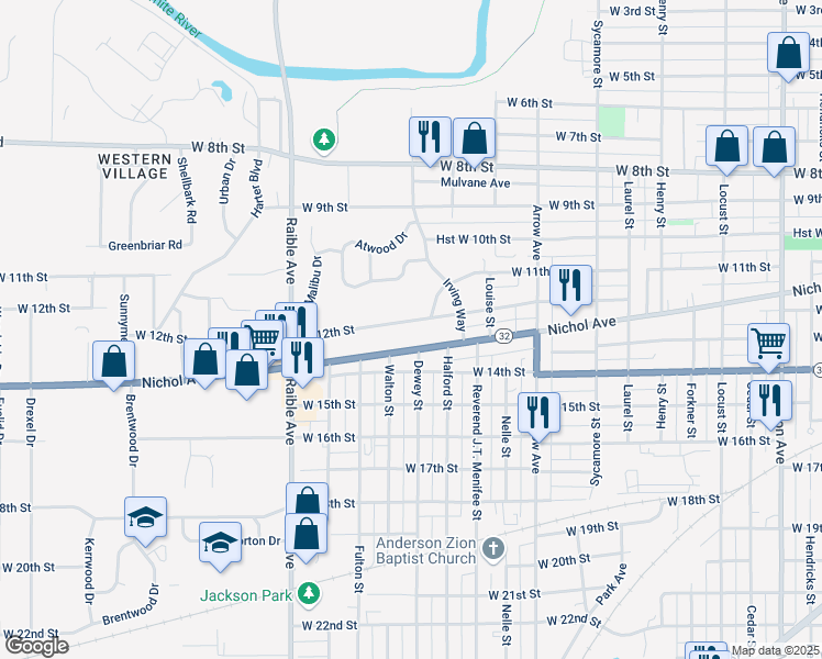 map of restaurants, bars, coffee shops, grocery stores, and more near 2115 Nichol Avenue in Anderson