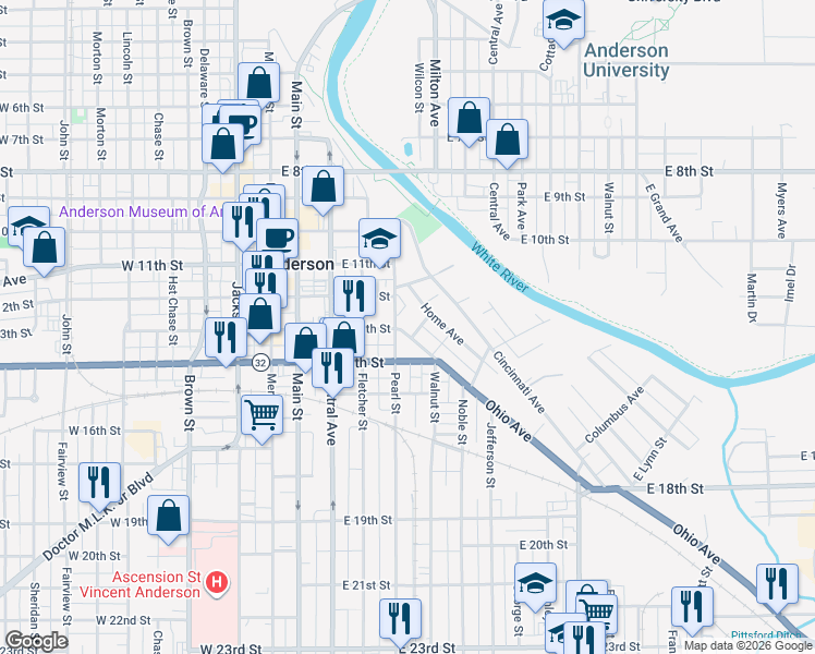 map of restaurants, bars, coffee shops, grocery stores, and more near 1310 Ohio Avenue in Anderson