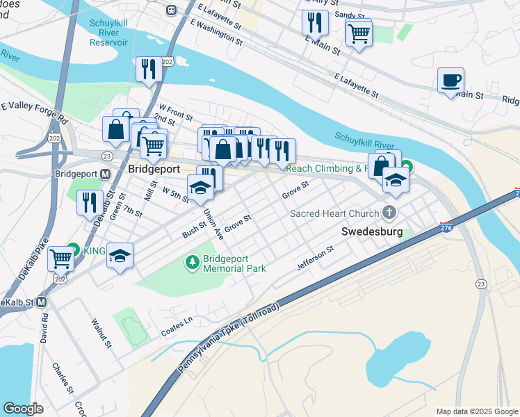 map of restaurants, bars, coffee shops, grocery stores, and more near 433 Grove Street in Bridgeport