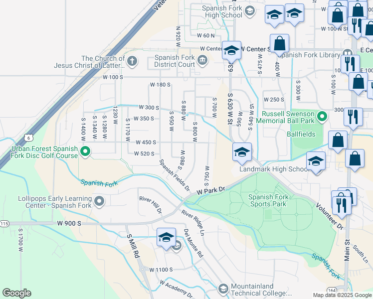 map of restaurants, bars, coffee shops, grocery stores, and more near 501 South 880 West in Spanish Fork