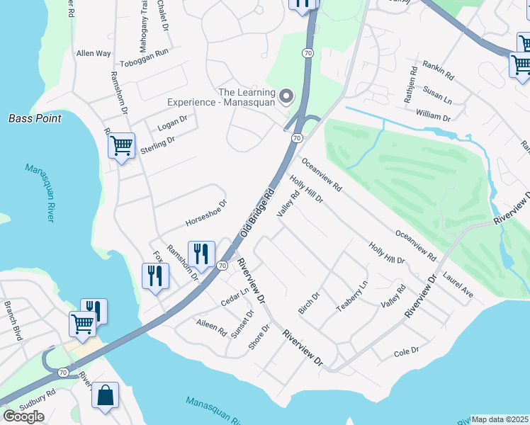 map of restaurants, bars, coffee shops, grocery stores, and more near 924-926 New Jersey 70 in Brielle