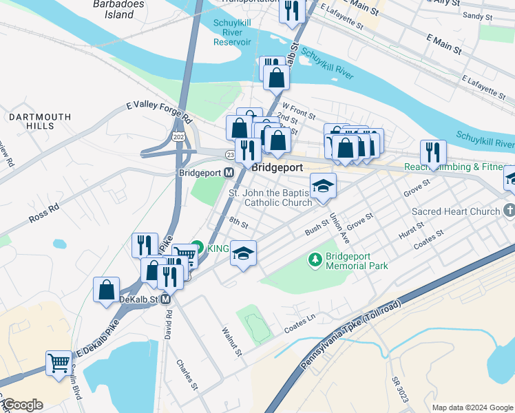 map of restaurants, bars, coffee shops, grocery stores, and more near 109 7th Street in Bridgeport