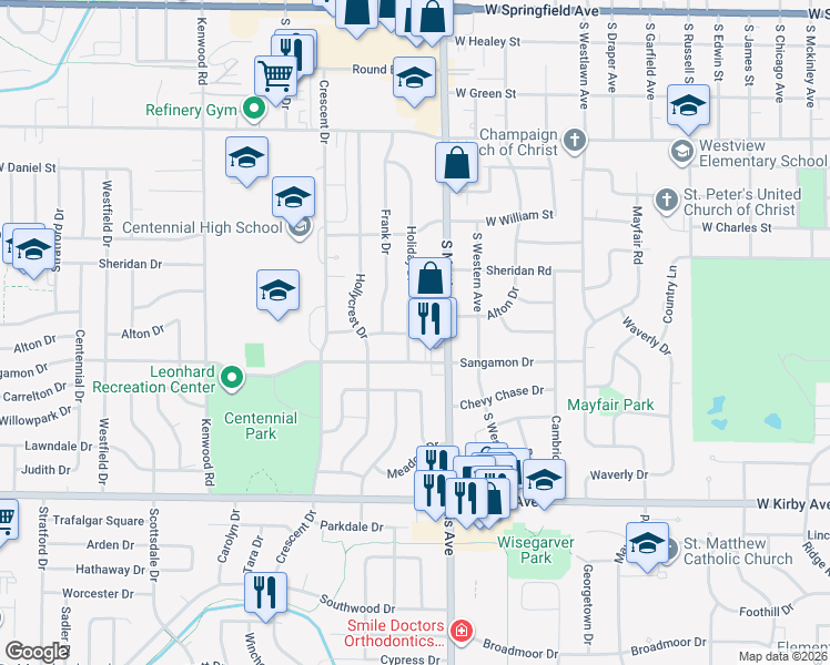 map of restaurants, bars, coffee shops, grocery stores, and more near 1220 Holiday Drive in Champaign