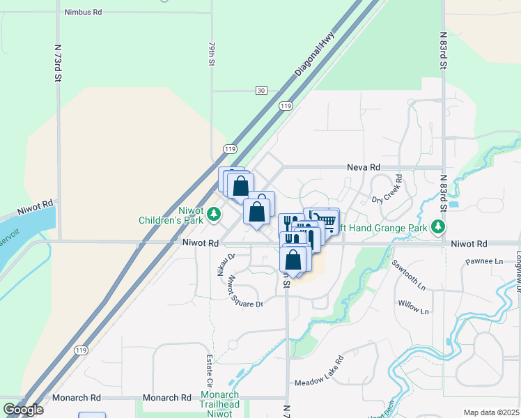 map of restaurants, bars, coffee shops, grocery stores, and more near in Niwot