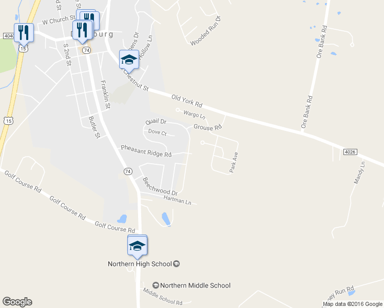 map of restaurants, bars, coffee shops, grocery stores, and more near 44 Pheasant Ridge Road in Dillsburg