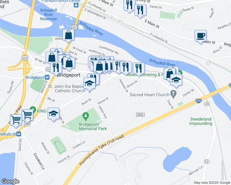 map of restaurants, bars, coffee shops, grocery stores, and more near 433 Grove Street in Bridgeport