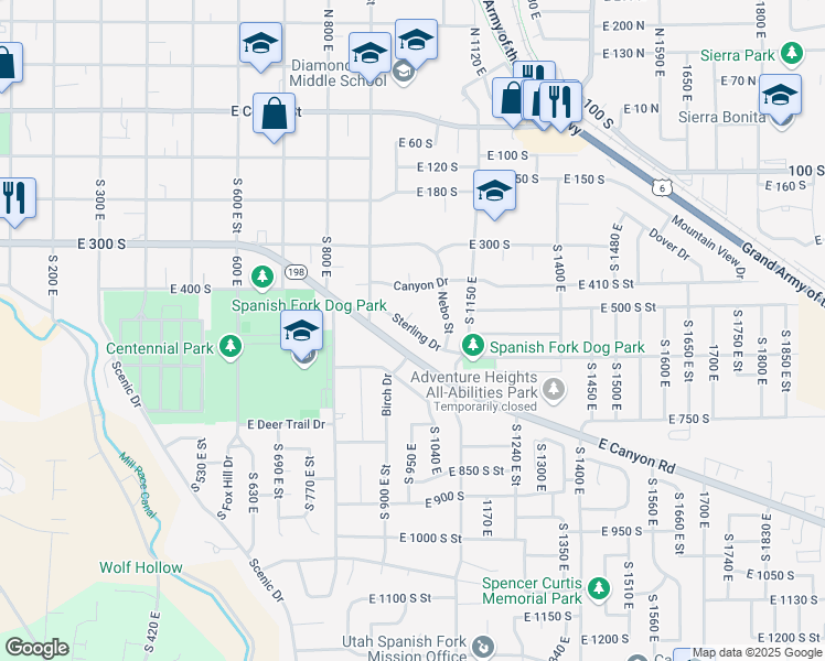 map of restaurants, bars, coffee shops, grocery stores, and more near 1042 Sterling Drive in Spanish Fork