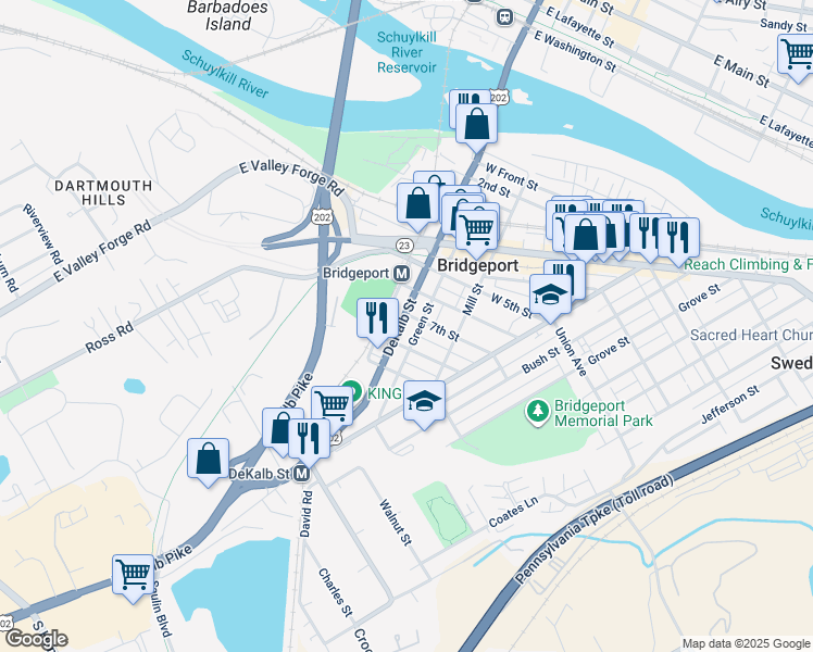 map of restaurants, bars, coffee shops, grocery stores, and more near 709 DeKalb Street in Bridgeport