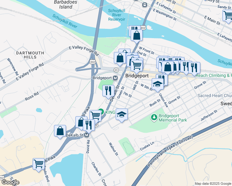 map of restaurants, bars, coffee shops, grocery stores, and more near 709 DeKalb Street in Bridgeport
