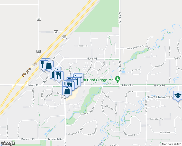 map of restaurants, bars, coffee shops, grocery stores, and more near 8022 Dry Creek Circle in Longmont