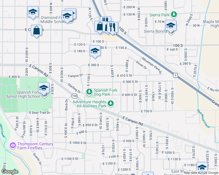 map of restaurants, bars, coffee shops, grocery stores, and more near 1413 East 500 South Street in Spanish Fork
