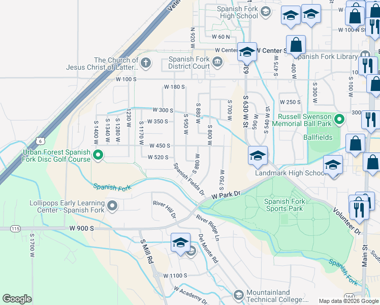 map of restaurants, bars, coffee shops, grocery stores, and more near 962 West 450 South in Spanish Fork