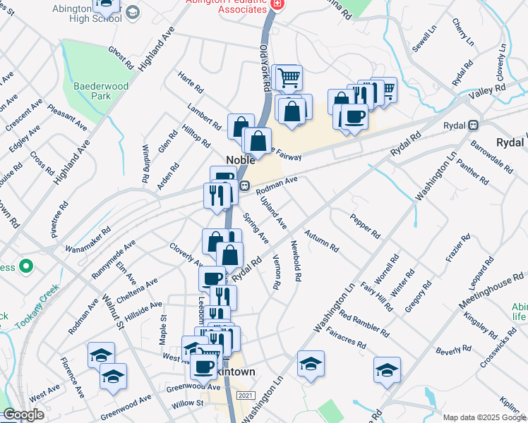 map of restaurants, bars, coffee shops, grocery stores, and more near 1619 Upland Avenue in Jenkintown