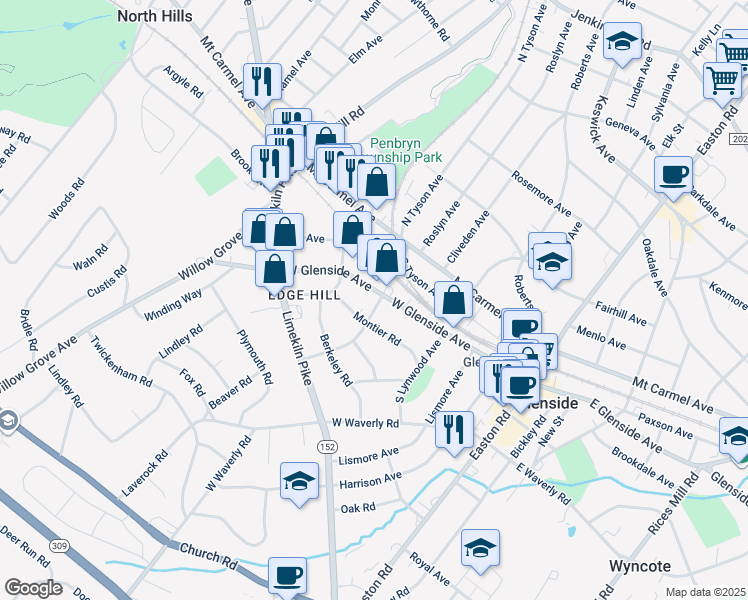 map of restaurants, bars, coffee shops, grocery stores, and more near 402 West Glenside Avenue in Glenside