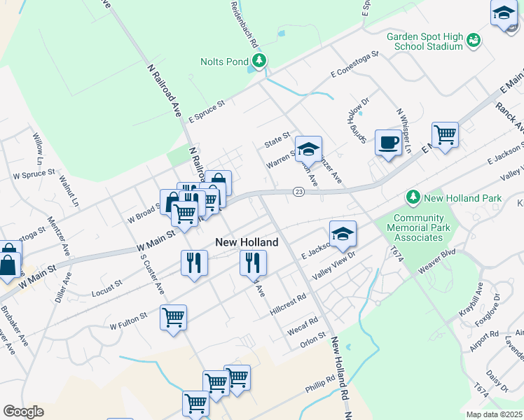 map of restaurants, bars, coffee shops, grocery stores, and more near 302 East Main Street in New Holland