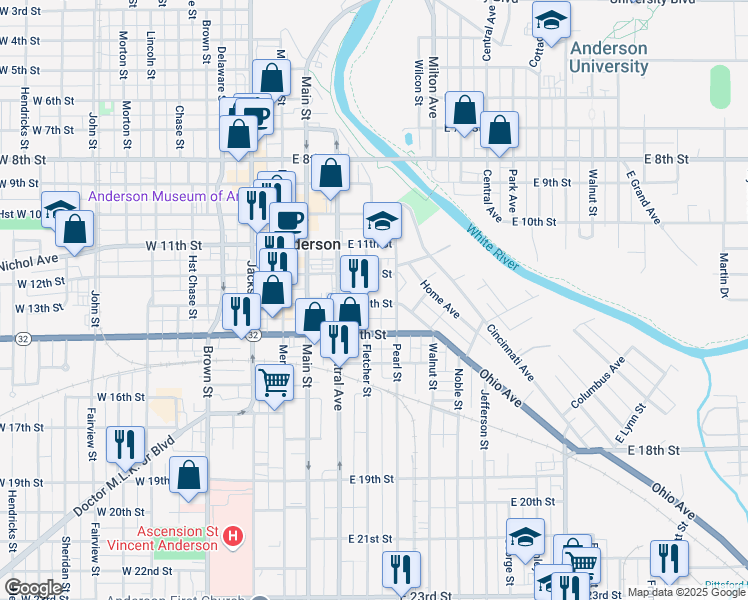 map of restaurants, bars, coffee shops, grocery stores, and more near 319 East 12th Street in Anderson