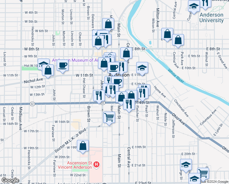 map of restaurants, bars, coffee shops, grocery stores, and more near 1203 Main Street in Anderson