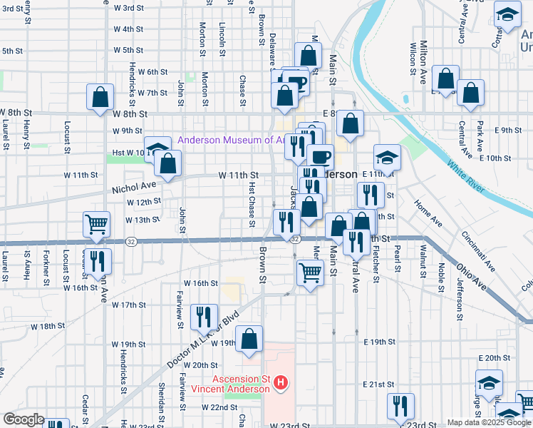 map of restaurants, bars, coffee shops, grocery stores, and more near 123 West 12th Street in Anderson