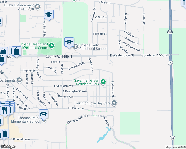 map of restaurants, bars, coffee shops, grocery stores, and more near 1202 South Smith Road in Urbana