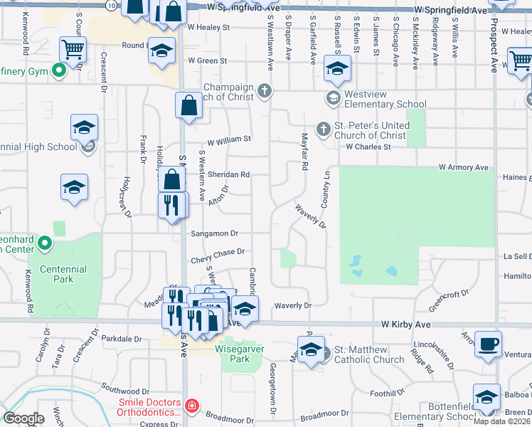 map of restaurants, bars, coffee shops, grocery stores, and more near 1202 Cambridge Drive in Champaign