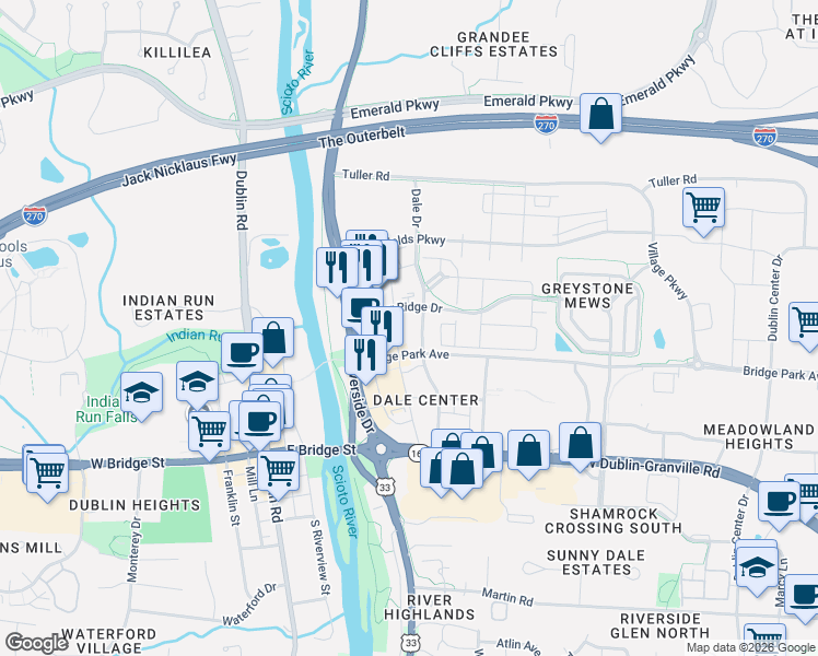 map of restaurants, bars, coffee shops, grocery stores, and more near 4394 Tuller Ridge Drive in Dublin
