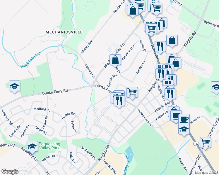 map of restaurants, bars, coffee shops, grocery stores, and more near 2617 Colmar Avenue in Bensalem