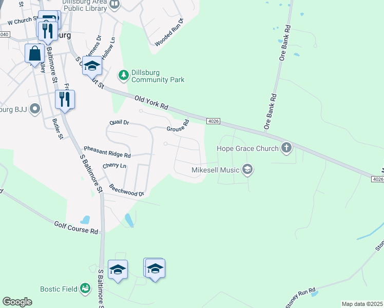 map of restaurants, bars, coffee shops, grocery stores, and more near 15 Windy Lane in Dillsburg
