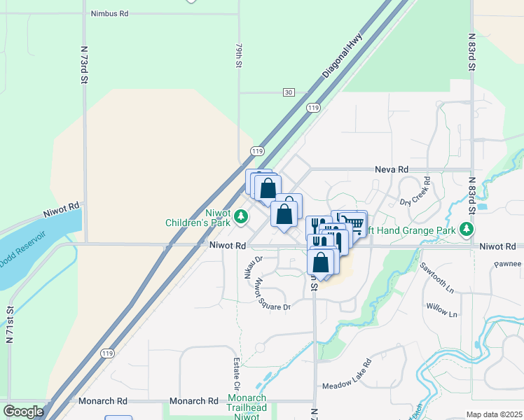 map of restaurants, bars, coffee shops, grocery stores, and more near in Niwot