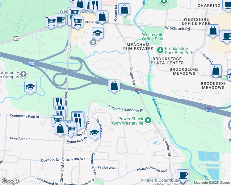 map of restaurants, bars, coffee shops, grocery stores, and more near 2800 Corporate Exchange Drive in Columbus