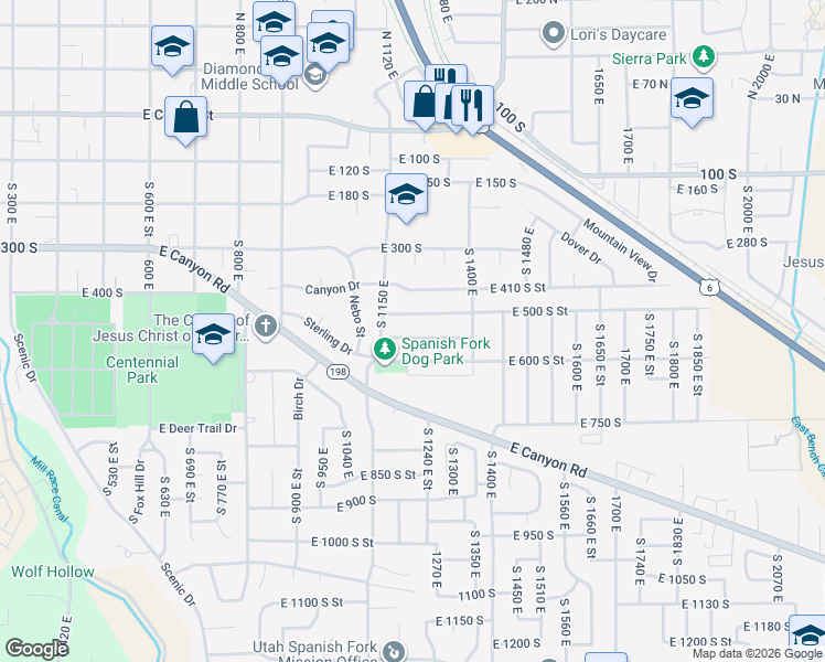 map of restaurants, bars, coffee shops, grocery stores, and more near 1225 East 550 South in Spanish Fork