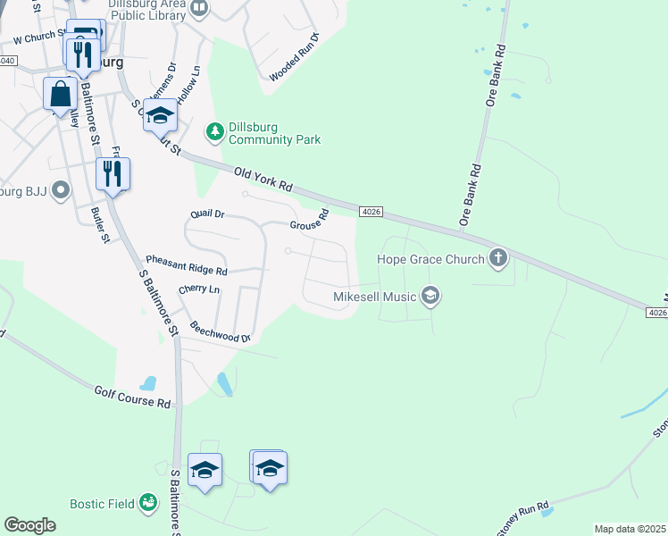 map of restaurants, bars, coffee shops, grocery stores, and more near 15 Windy Lane in Dillsburg
