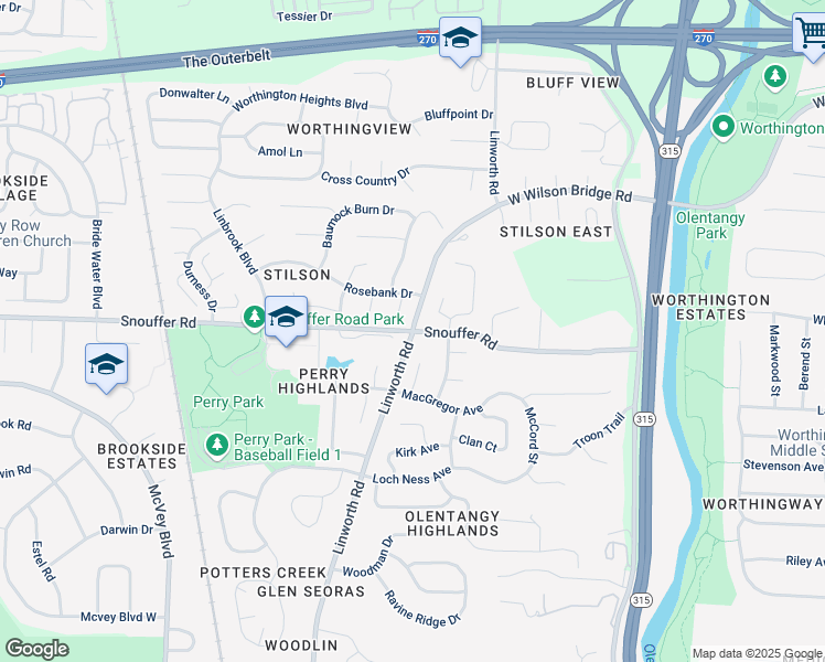 map of restaurants, bars, coffee shops, grocery stores, and more near Linworth Rd & Snouffer Rd in Worthington