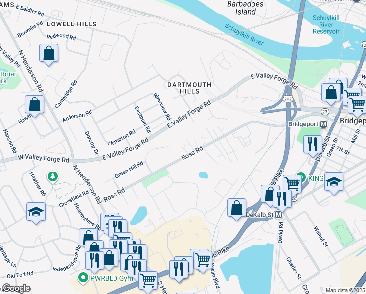 map of restaurants, bars, coffee shops, grocery stores, and more near 338 Ross Road in King of Prussia