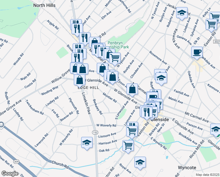 map of restaurants, bars, coffee shops, grocery stores, and more near 400 West Glenside Avenue in Glenside
