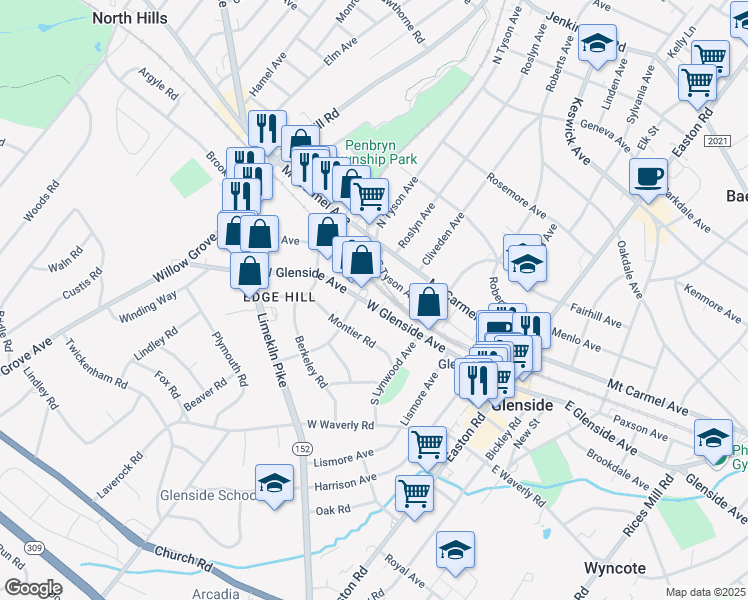map of restaurants, bars, coffee shops, grocery stores, and more near 375 West Glenside Avenue in Glenside