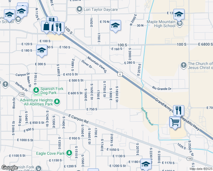 map of restaurants, bars, coffee shops, grocery stores, and more near 551 South 1750 East in Spanish Fork