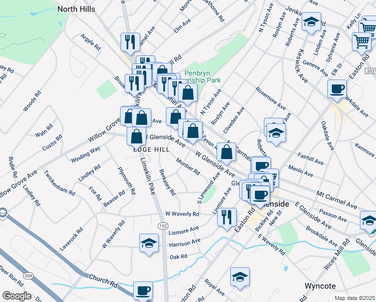 map of restaurants, bars, coffee shops, grocery stores, and more near 400 West Glenside Avenue in Glenside
