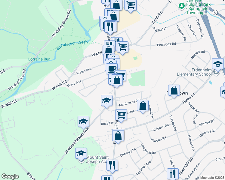 map of restaurants, bars, coffee shops, grocery stores, and more near 1432 State Route 2018 in Flourtown