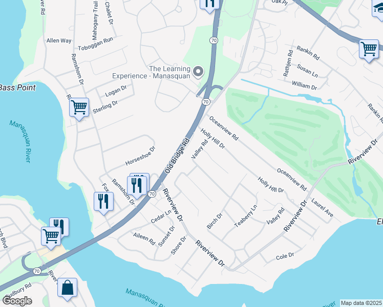 map of restaurants, bars, coffee shops, grocery stores, and more near 661 Valley Road in Brielle