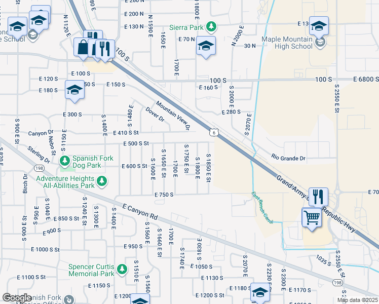 map of restaurants, bars, coffee shops, grocery stores, and more near 551 South 1750 East in Spanish Fork