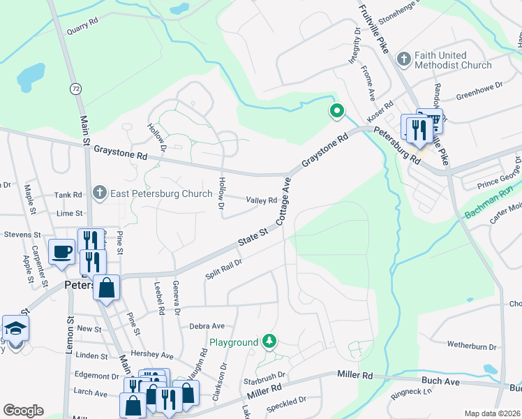 map of restaurants, bars, coffee shops, grocery stores, and more near 2667 Valley Road in East Petersburg