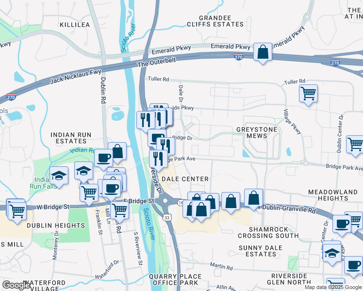 map of restaurants, bars, coffee shops, grocery stores, and more near 6657 Dale Drive in Dublin